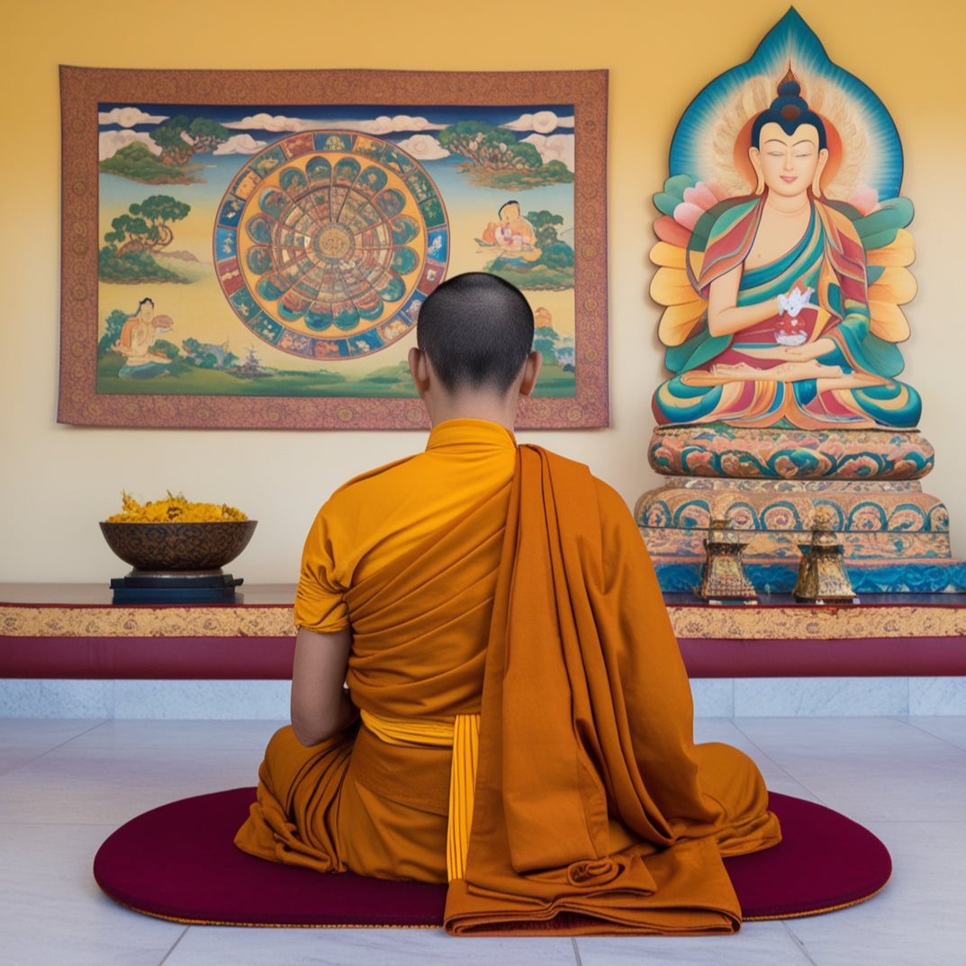 A_back_faced_monk_with_Thanka_infront_of_him